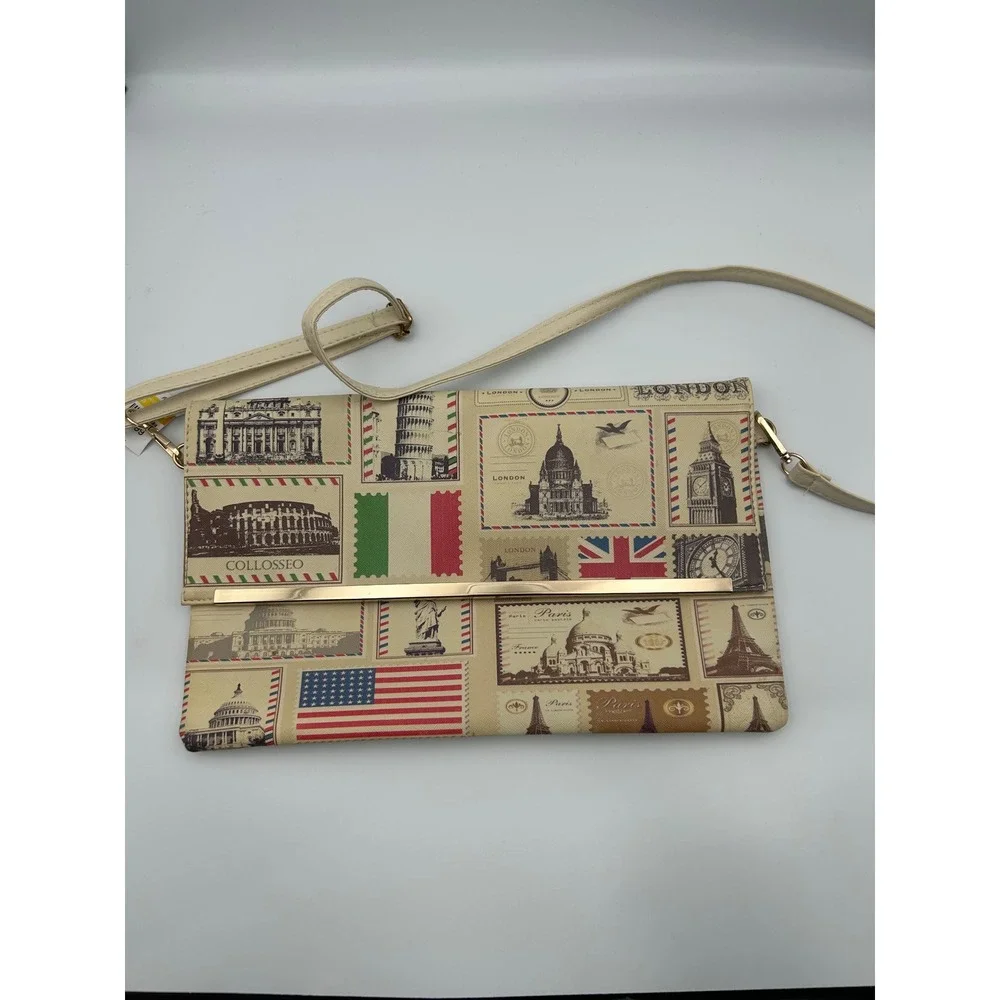 Travel Postage Stamp Print Crossbody Bag Global Landmark Clutch Cream‎ Gold Bar